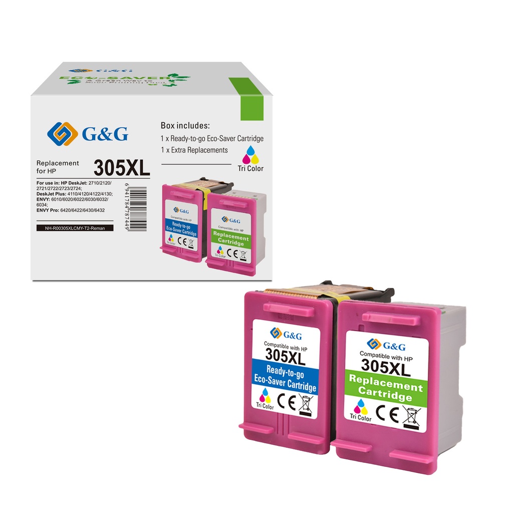 G&G-Ecosaver Remanufactured HP 305XL Inkjet Cartridge CMY 2 PACK