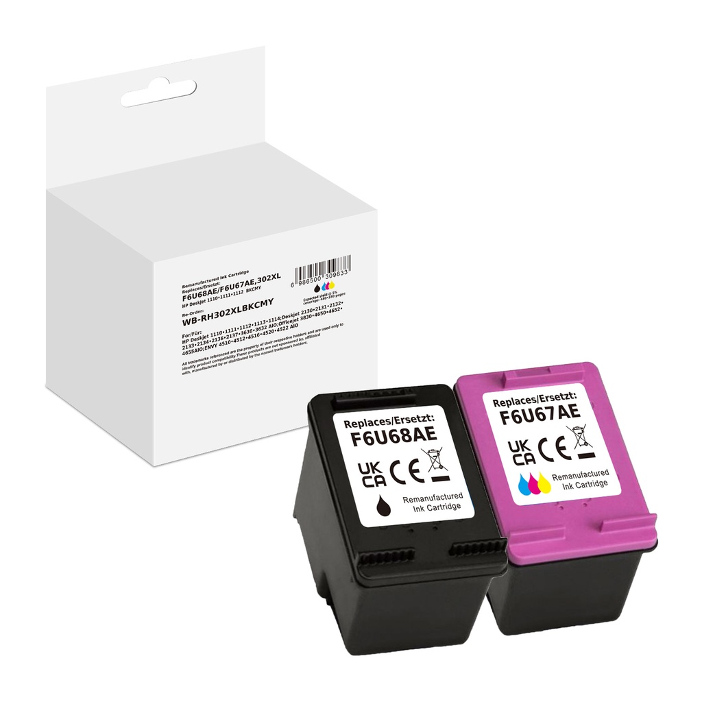 White Box Standard Remanufactured HP F6U68AE&F6U67AE (302XL) Inkjet Cartridge Black/Cyan/Magenta/Yellow