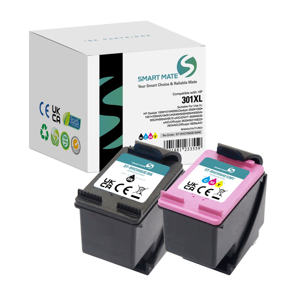 SMART MATE Remanufactured HP CH563EE/CH564EE (301XL) Inkjet Cartridge Black/Cyan/Magenta/Yellow