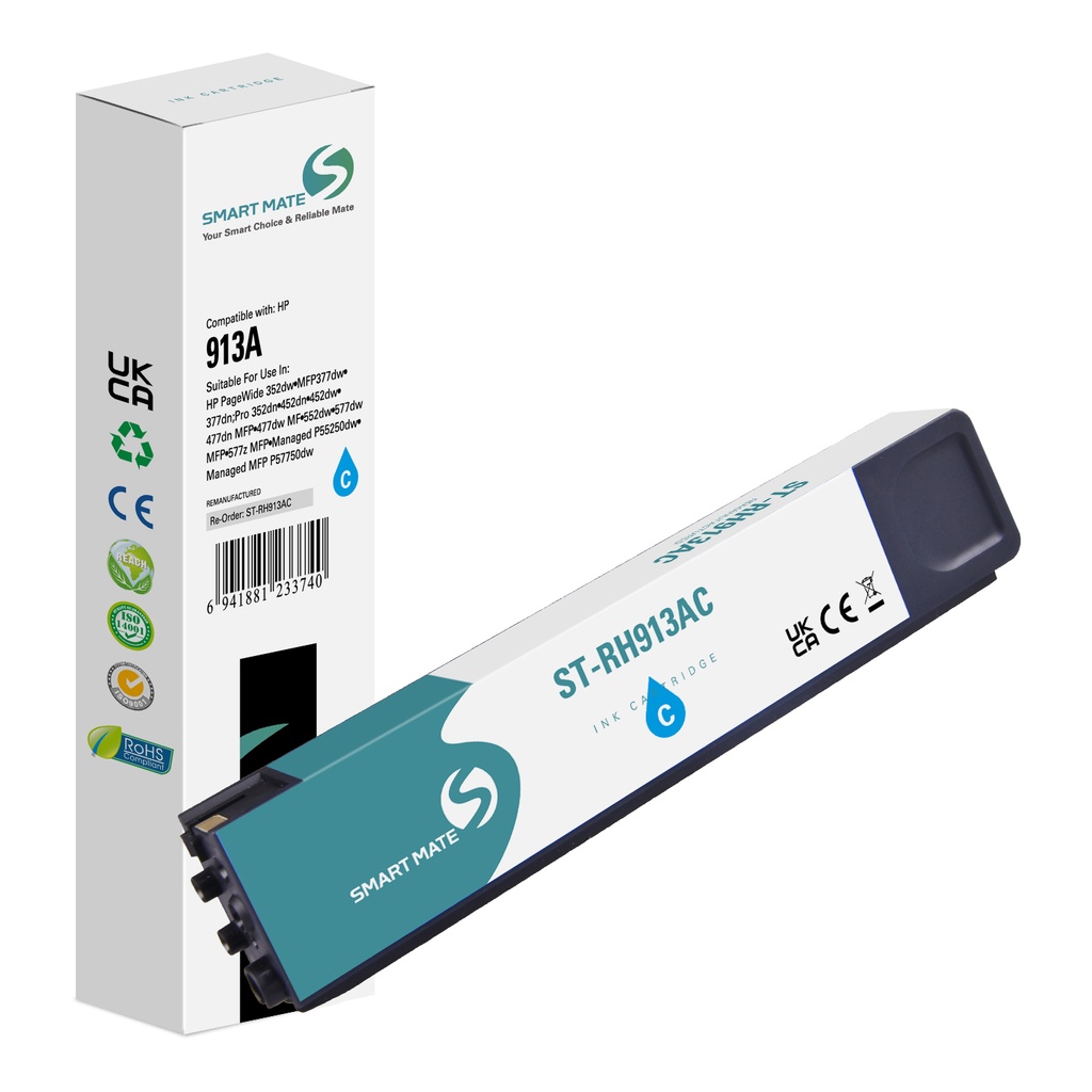 SMART MATE Remanufactured HP F6T77AE (913A) Inkjet Cartridge Cyan