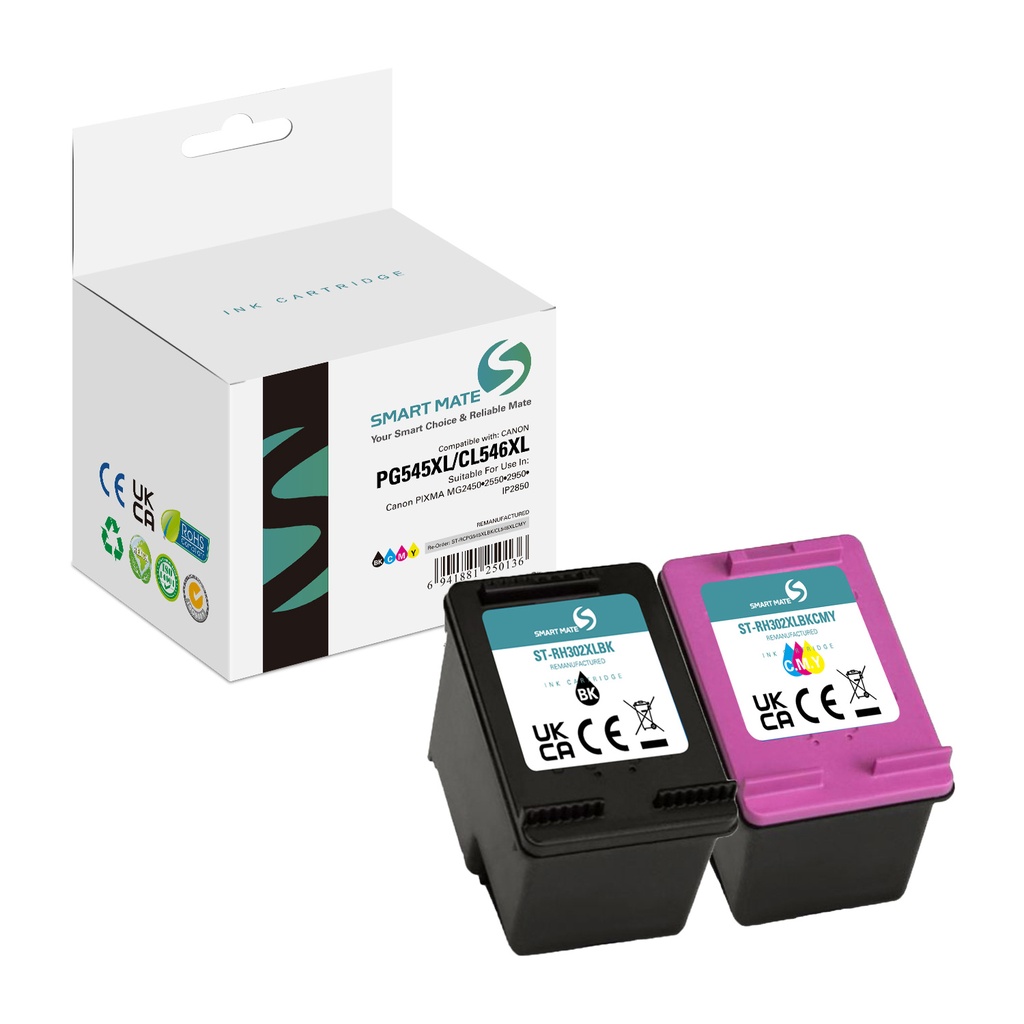 SMART MATE Remanufactured HP F6U68AE/F6U67AE (302XL) Inkjet Cartridge Black/Cyan/Magenta/Yellow