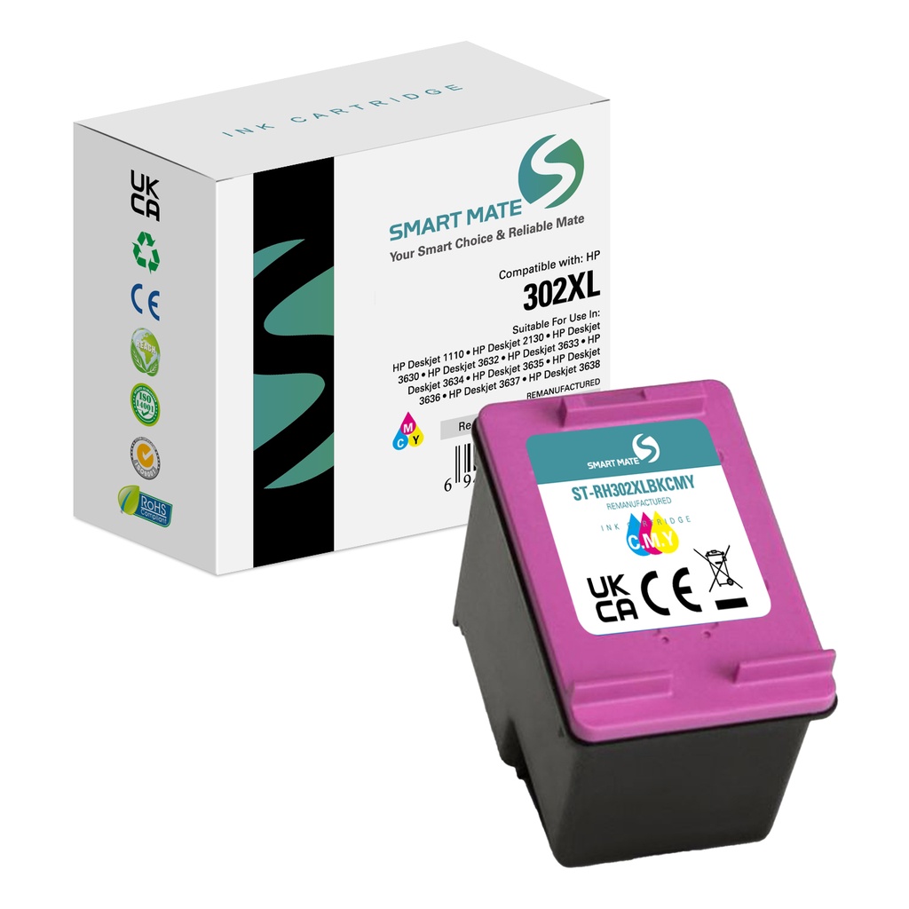 SMART MATE Remanufactured HP F6U67AE (302XL) Inkjet Cartridge Cyan/Magenta/Yellow