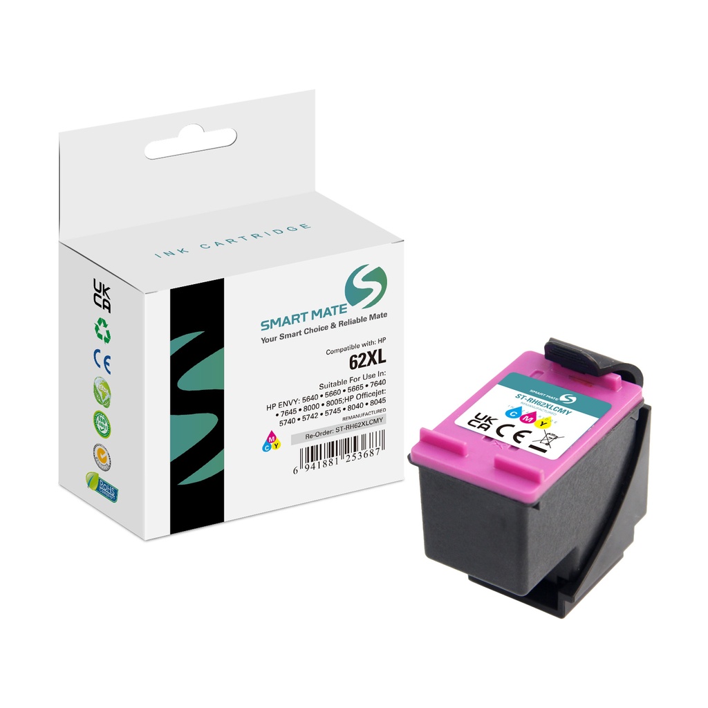 SMART MATE Remanufactured HP C2P07AN (62XL) Inkjet Cartridge Cyan/Magenta/Yellow