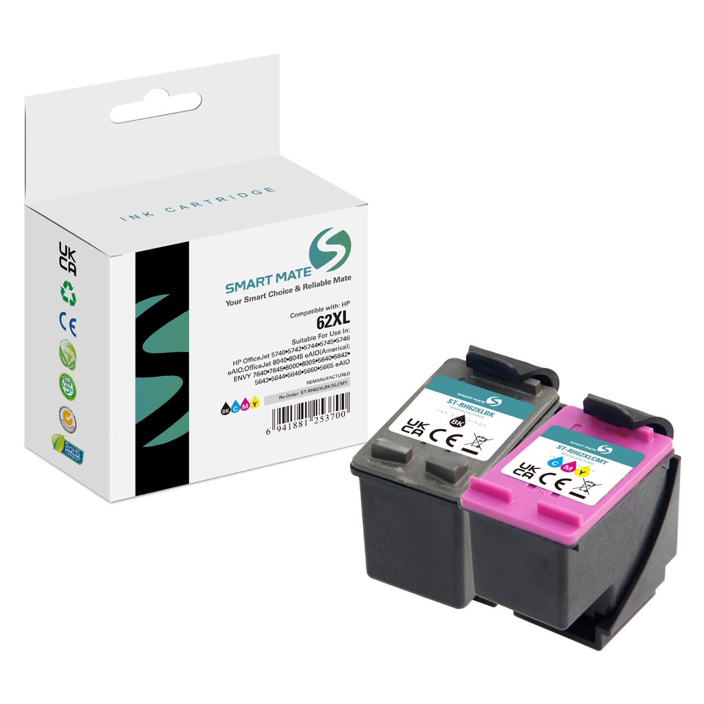 SMART MATE Remanufactured HP F6U02BN (62XL) Inkjet Cartridge Black/Cyan/Magenta/Yellow