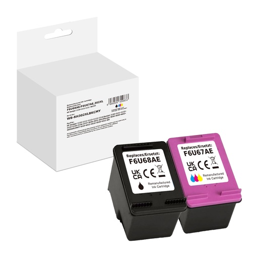 [WB-RH302XLBKCMY] White Box Standard Remanufactured HP F6U68AE&F6U67AE (302XL) Inkjet Cartridge Black/Cyan/Magenta/Yellow